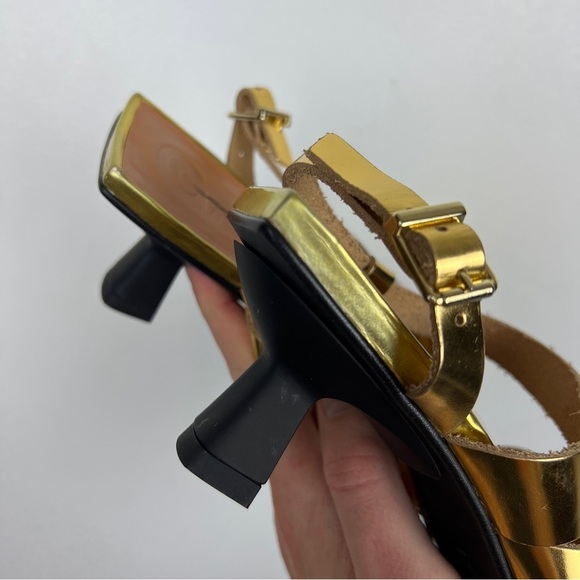 Ganni 2022 Square Toe Gold Strappy Kitten Heel Sandals - Picture 6 of 9